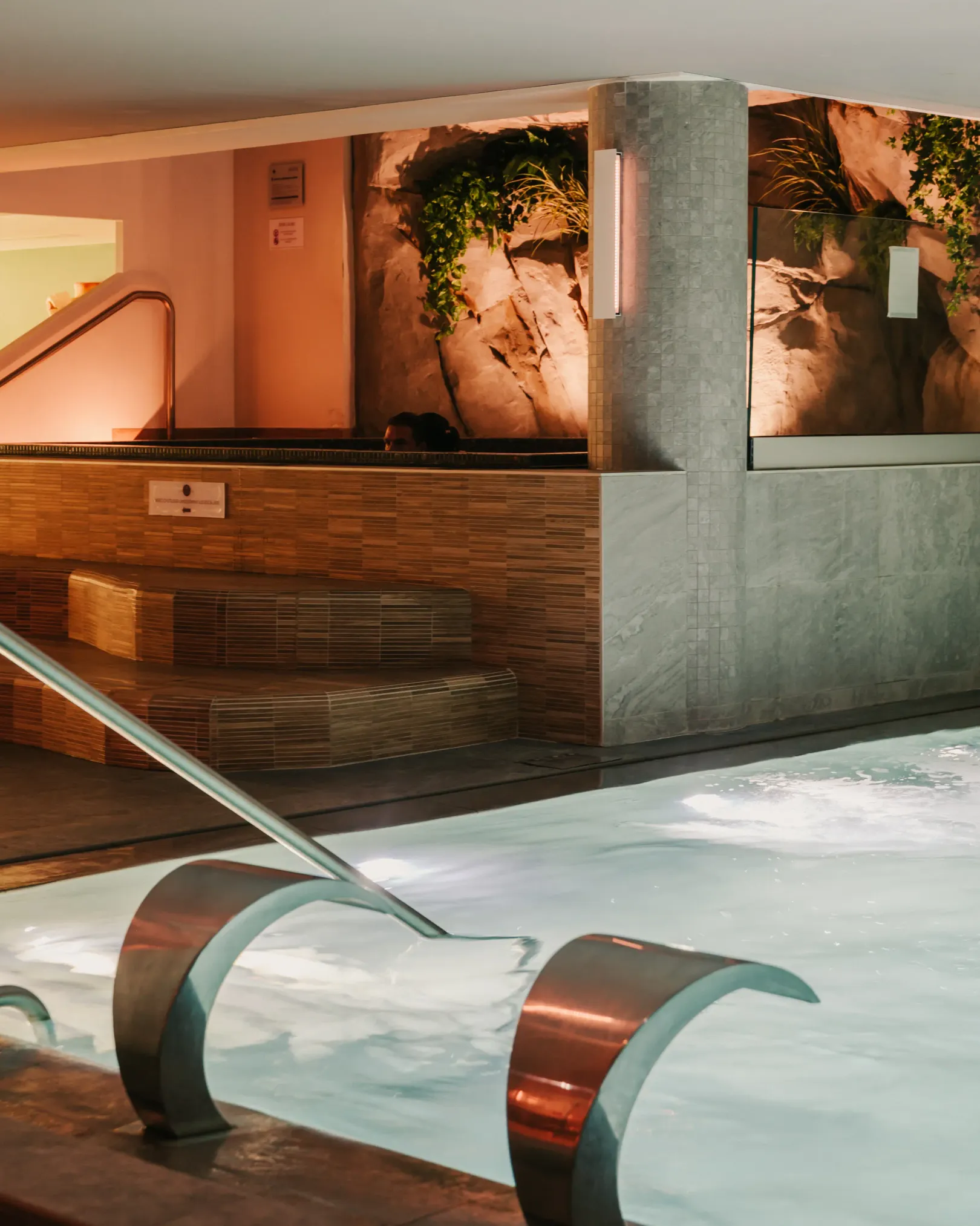 Indoor swimming pool with a staircase and wooden benches, decorated with large wall photographs depicting natural landscapes.