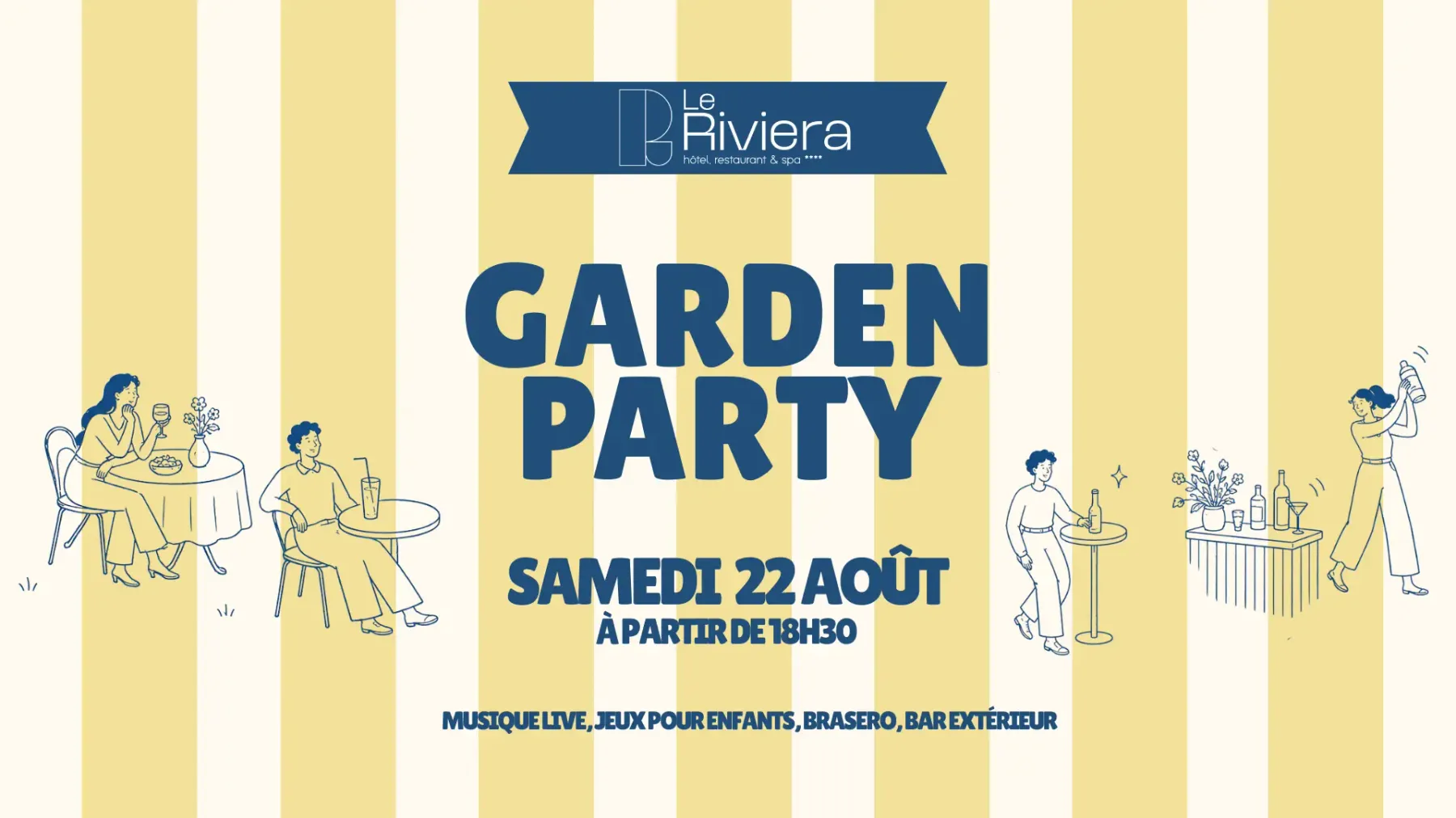 Affiche jaune et bleue annonçant une garden party le samedi 22 août à partir de 18h30 avec des illustrations de personnes en train de socialiser