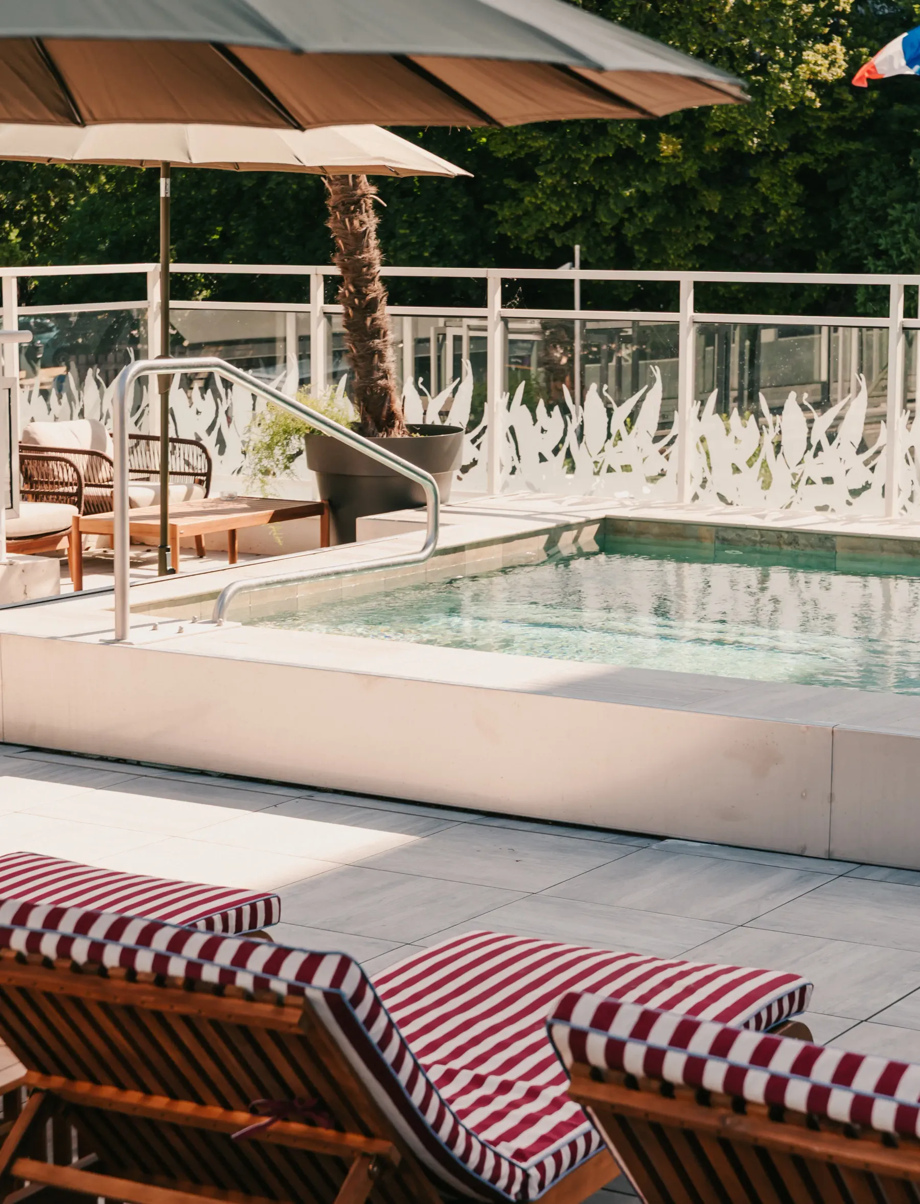 Piscine avec transats à rayures rouges et blanches, parasols et palmiers en pot sur une terrasse entourée d'une balustrade en verre