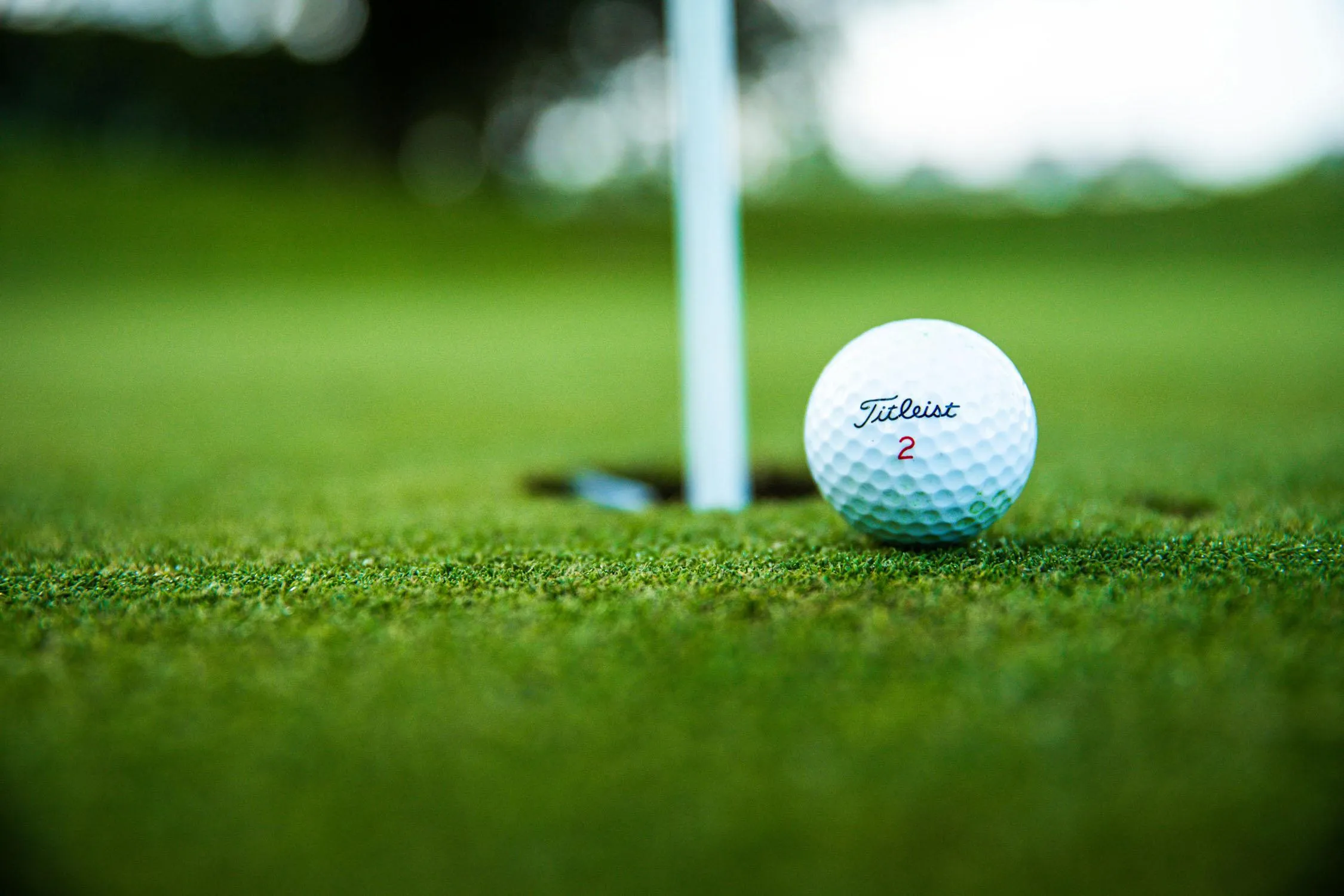 Balle de golf Titleist 2 posée sur le green près du trou