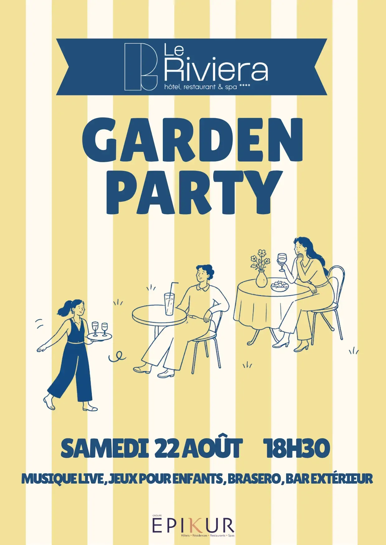 Affiche pour une garden party organisée par l'hôtel-restaurant-spa Le Riviera le 22 août à 18h30 avec des illustrations de personnes en train de socialiser